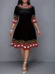 Plus Size Elegant Dress Women's Plus Stripe & Geometric Print Half Sleeve Round Neck Knee Length Dress