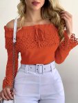 Off Shoulder Contrast Guipure Lace Blouse Elegant Ruffle Trim Tie Front Long Sleeve Blouse For Spring & Fall Women's Clothing We