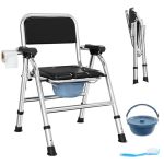 4 In 1 Folding Bedside Commode Chair For Elderly With Arms And Back Adjustable Height Raised Toilet Seat With Handles Adults Pot