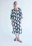 V-neck Dress - White & Navy Blue Patterned