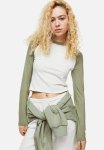 Raglan-sleeved Jersey Top - Light Khaki Green grey Marl