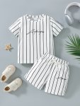 2PCS Boys Casual Vertical Striped Letter Print Versatile Short Sleeve T-Shirt & Shorts Set Cool Lightweight And Comfy Summer Clo