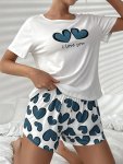 Women's Heart & Slogan Print Casual Pajama Set Short Sleeve Round Neck Top & Shorts Comfortable Relaxed Fit