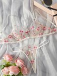 Floral Embroidery Lingerie Set Scallop Trim Unlined Bra & Mesh Thong Women's Sexy Lingerie & Underwear