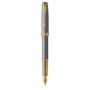 Sonnet Medium 18K Gold Nib Fountain Pen Chiselled Silver With Gold Trim Black Ink - Presented In A Gift Box