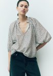 Balloon-sleeved Blouse - White Small Flowers