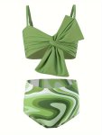 Girls 2PC Mint Green Swimwear Bowknot Design Strappy Top & Bottom Beach Holiday Style