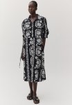 Linen-blend Shirt Dress - Black Patterned