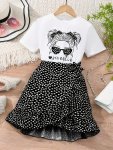Casual Portrait Print Girl's Outfit Graphic T-Shirt Top & Dots Ruffle Skirt Set Party Street Everyday Summer Clothes