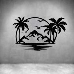 Island With Palm Trees And Mountain - Grey L 1000 X H 630MM
