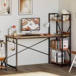 Space-saving Industrial Desk With Storage Shelves - Walnut + White