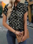 Allover Print Tie Neck Blouse Elegant Ruffle Trim Short Sleeve Blouse For Spring & Summer Women's Clothing