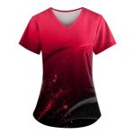Scrubs For Women V Neck Short Sleeve Printed Tops Cartoon Pattern Plus Size Nursing With Pockets Reds 4XL