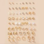 30 Pairs Set Of Tiny Stud Earrings Zinc Alloy Jewelry Rhinestones Inlaid Different Shapes Elegant Leisure Style Ear Jewelry Set