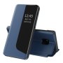 For Huawei Mate 20 Pro Side Display Shockproof Horizontal Flip Leather Case With Holder & Call Answering Function & Sleep / Wake-up Dark Blue