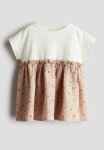 Short-sleeved Cotton Dress - Beige floral