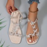 Women's Rhinestone Butterfly Decor Flat Sandals Casual Open Toe Summer Shoes Lightweight Elastic Band Sandals