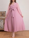 Plus Size Swiss Dot Pleated Dress Elegant Long Sleeve Ankle Length Surplice Neck Dress For Spring & Fall Women's Plus Size Cloth
