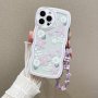 Purple Flower With Lanyard Wave Edge Phone Case For IPhone14/14Plus/14Pro/14ProMax IPhone13/13Pro/13ProMax IPhone12/12Pro/12ProMax IPhone11/11Pro/11Pro Max