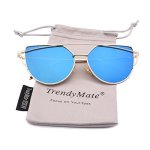 Trendymate-womens Street Fashion Metal Twin Beam Flat Mirror Lens Cat Eye Sunglasses Gold Blue 57MM