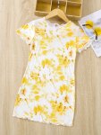 Girls Short Sleeve Crew Neck Flowers Print Slim Dress Kids Summer Clothes