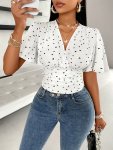 Heart Print V-neck Tucked Blouse Elegant Flutter Sleeve Slim Blouse For Spring & Summer Women's Clothing