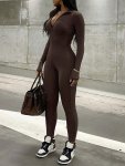 Solid Color Zip Up Jumpsuit Casual Long Sleeve Skinny Jumpsuit For Spring & Fall Women's Clothing