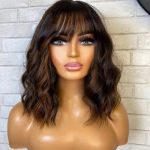 Oulaer Highlight Bob Wig With Bangs Human Hair Wig 1B 30 Color Short Bob Wavy Brazilian Remy Human Hair 13X4 HD Transparent Lace