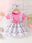 Baby's Adorable Bowknot Decor Flower Pattern Faux Two-piece Dress Infant & Toddler Girl's Clothing For Summer Daily Wear holiday