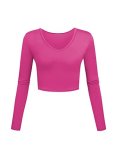 Cute Tops For Women 2025 Fall Outfits Trendy Clothes Teen Girls V Neck Long Sleeve Hot Pink T Shirts XS
