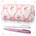 Sherr Coquette Pink Bow Pencil Case Pink Floral Bow Cute Pencil Pouch Soft Cotton Storage Bag Aesthetic Pattern Gift Makeup Pouc