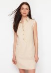 Straight Cut Pocket Shirt Collar Linen Look MINI Woven Dress - Beige