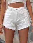 White Raw Hem Denim Shorts High Waist Slash Pockets Short Denim Pants Women's Denim Jeans & Clothing