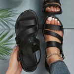 Women's Flat Roman Sandals Open Toe Buckle Strap Faux Leather Shoes Casual Non Slip Sandals