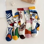 5 Pairs Abstract Face Socks College Style Cute Mid Tube Socks Women's Stockings & Hosiery For Fall & Autumn