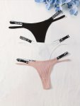 3PCS Letter Print Tape Ribbed Thongs Sexy Comfy Breathable Stretchy Intimates Panties Women's Lingerie & Underwear