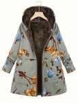Plus Size Casual Coat Women's Plus Floral Print Fleece Liner Long Sleeve Zip Up Hooded Coat With Pockets
