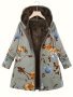 Plus Size Casual Coat Women's Plus Floral Print Fleece Liner Long Sleeve Zip Up Hooded Coat With Pockets