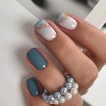 24PCS Short Square Shape Press On Nails Blue White Fake Nail With Glitter Powder Decor Glitter Full Cover Nails For Women