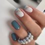 24pcs Short Square Shape Press On Nails Blue White Fake Nail With Glitter Powder Decor Glitter Full Cover Nails For Women