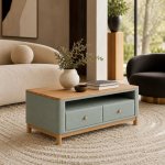 Sage Green Fabric Coffee Table With Rubberwood Top