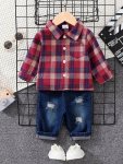 2PCS Baby's Casual Plaid Pattern Shirt & Ripped Jeans Infant & Toddler Boy's Clothes Set For Spring Fall