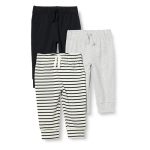 Amazon Essentials Unisex Babies' Cotton Pull-on Pants Pack Of 3 Black light Grey Heather stripe 3-6 Months
