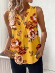 Floral Print V Neck Tank Top Elegant Pleated Sleeveless Tank Top For Spring & Summer Women's Clothing