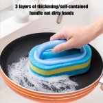 Multi-purpose Sponge Cleaning Brush With Handle - Durable Strong Stain Removal For Kitchen & Bathroom - Ideal For Dishes Pots Ti