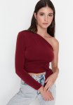 Slim Tie Detail Single Sleeve Crop Stretch Knitted Blouse - Claret Red
