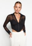 Corset Detailed Agraffiti Shirt - Black