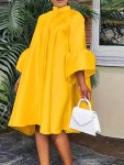 Solid Color Mock Neck Dress Elegant Flare Sleeve Loose Dress For Spring & Fall Women's Clothing