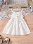 Elegant Baby Girl Solid Button Decorative Strap Tank Dress Summer Festival Party Gift