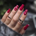 24PCS Medium Length Square Matte False Nails Sexy Red Heart Design Press-on Manicure Tips With Nail File & Jelly Glue Included